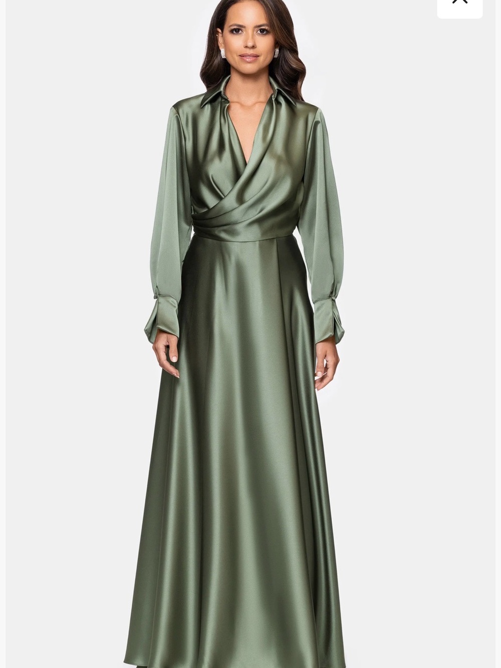 Xscape Evenings Spread Collar Long Sleeve Satin Gown